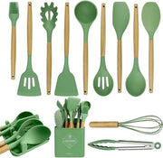 Set di Cucina in Silicone - 13 pezzi - Spatole da Cucina - Set di Spatole da Cucina - con Piatto da Servire - Spatola da Cucina - Ghiaccio - Attrezzatura da Cucina Resistente al Calore - Manico in Legno - Verde Avocado