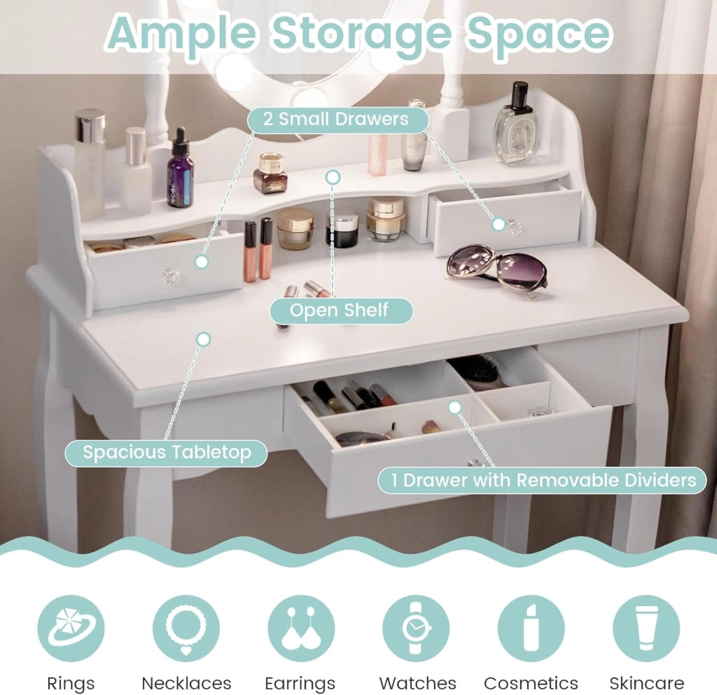 Scrivania da Toilette con Sgabello, Tavolo Vanity con Cassetti, 3 Modalità di Illuminazione, Luminosità Regolabile, Specchio Rotante a 360° Set di Tavolo per Trucco per Camera da Letto