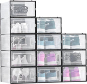 Pacchetto da 12 di Scatole per Scarpe, Organizzatori in Plastica per Modulare, per Scarpe, Stivali, Cappelli e Accessori, Adatto fino al Numero di Telaio US 11, Disegno di Risparmio di Spazio con Struttura in Nera