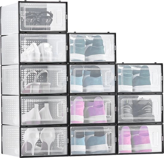 Pacchetto da 12 di Scatole per Scarpe, Organizzatori in Plastica per Modulare, per Scarpe, Stivali, Cappelli e Accessori, Adatto fino al Numero di Telaio US 11, Disegno di Risparmio di Spazio con Struttura in Nera