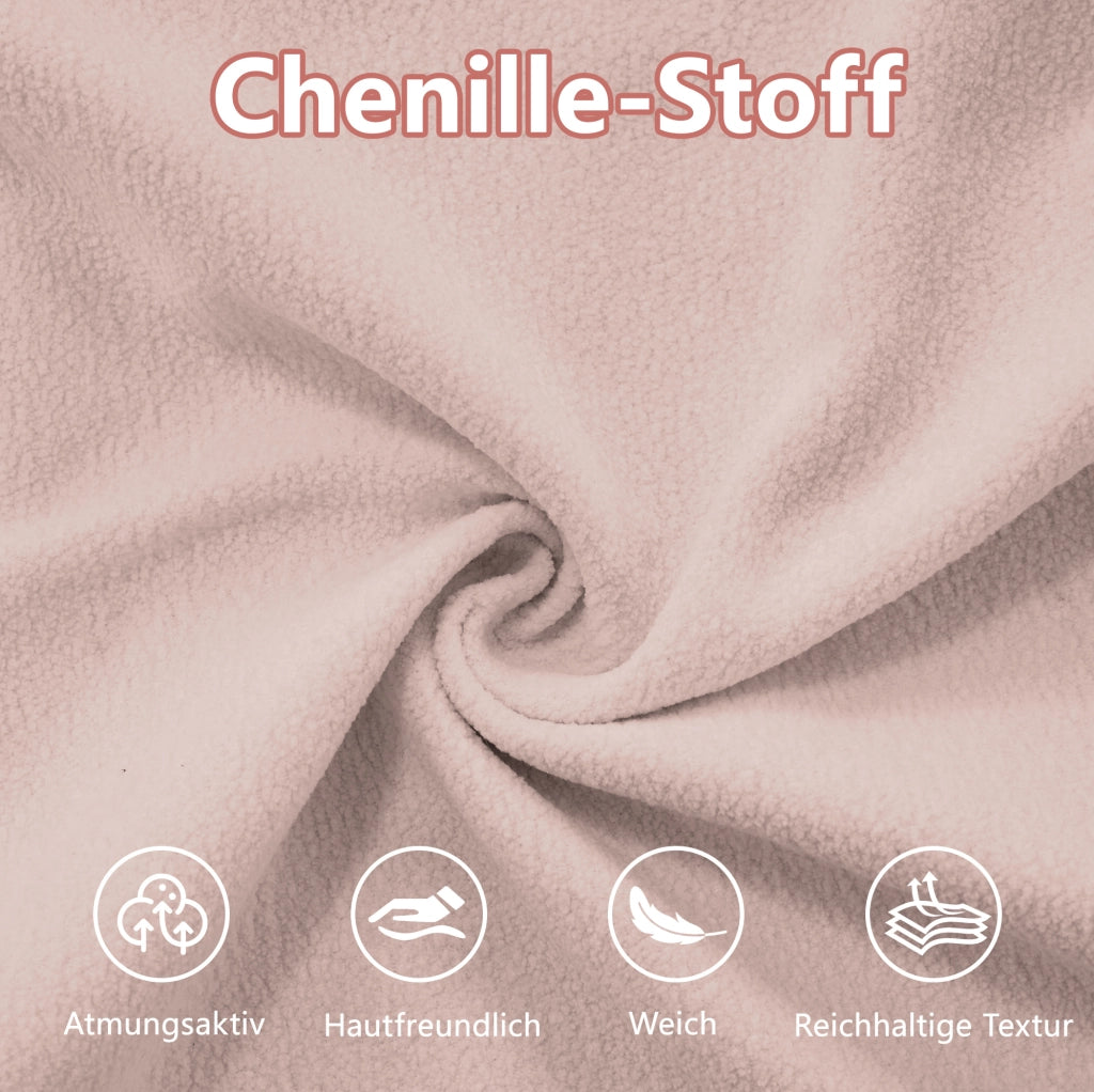 Divano modulare angolare 313x145x81 cm in ciniglia rosa con pouf mobili