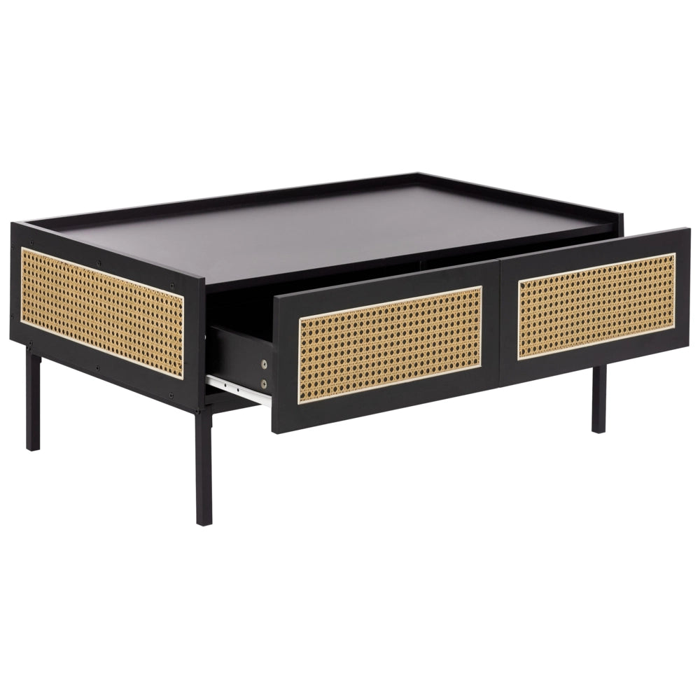 Tavolino da caffè nero con treccia viennese Struttura in ferro MDF Cassetti in rattan 97 x 57 x 42 cm Boho