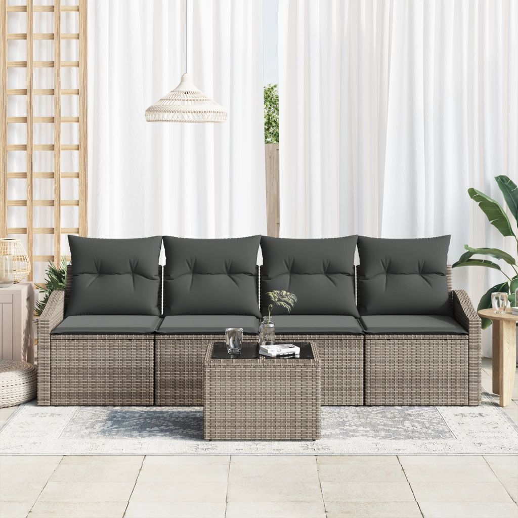 Set Divano da Giardino da 5 Pezzi con Cuscini Grigi in Rattan Polietilene