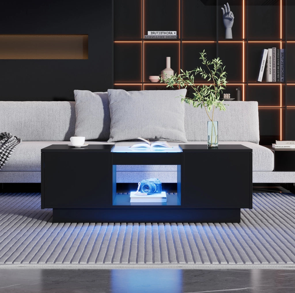 Tavolino basso 100x50x35,5 cm nero in truciolare, LED e 2 cassetti