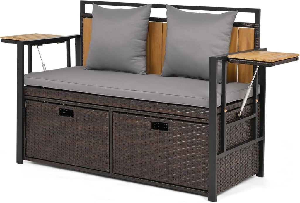 Divano da Giardino 2 Posti, Panchina da Esterno in Rattan PE con Contenitore, Cuscini Imbottiti e Tavolini Pieghevoli, Salotto da Giardino per Balcone e Terrazza, 120 x 51 x 82 cm (Bianco)