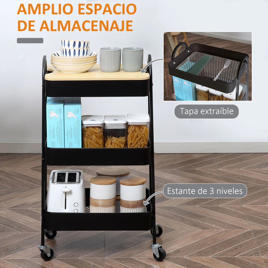 Carrello da cucina con 3 cestini in acciaio e ripiano ¨C zephmum ¨C 45x31x79,4 cm nero
