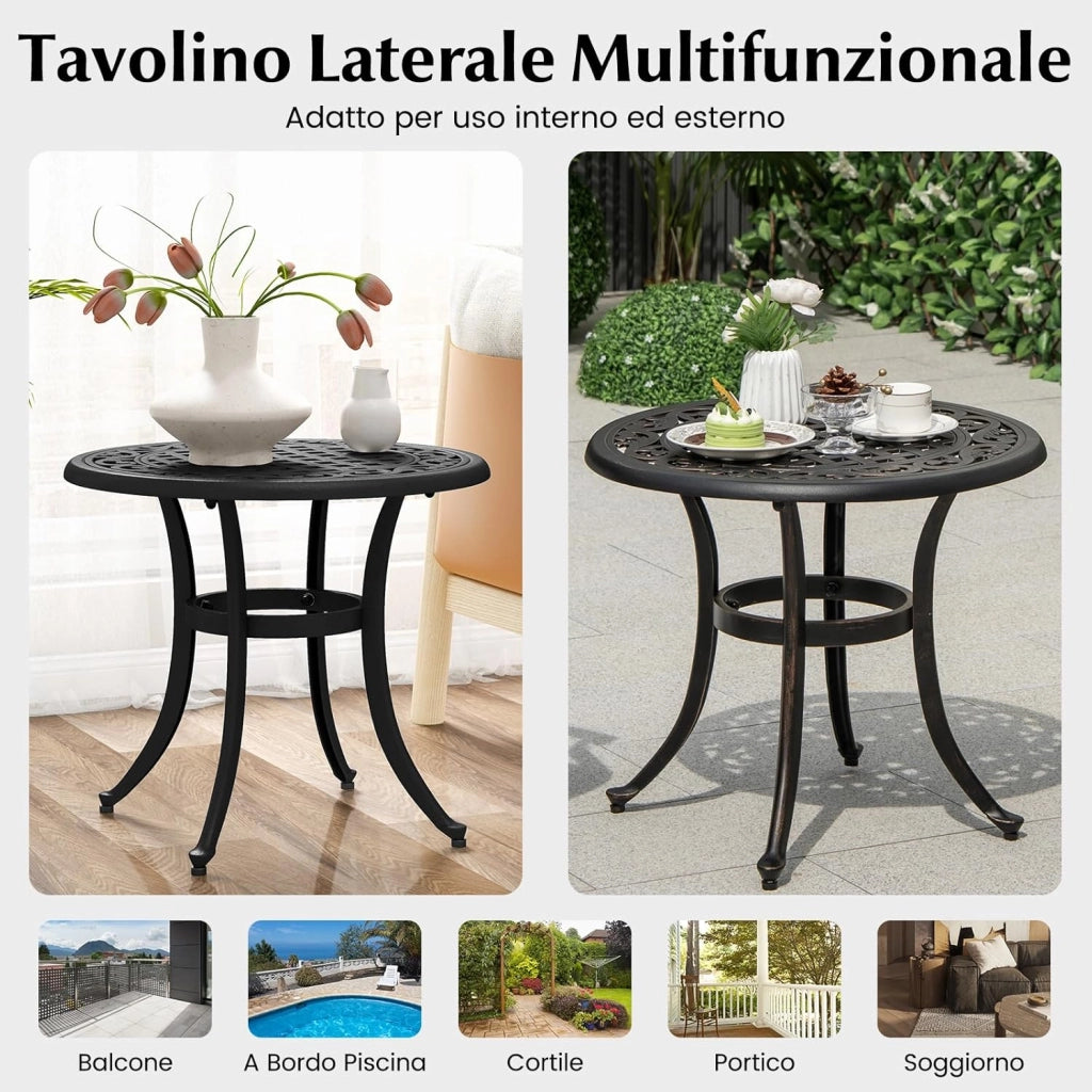Tavolino da Giardino da 60 cm, Tavolino da Esterno in Alluminio Pressofuso con Piedini Regolabili, Tavolino in Metallo per Piscina, Terrazzo, Balcone, Porta 50 kg, 60 x 53 cm (Marrone Antico)