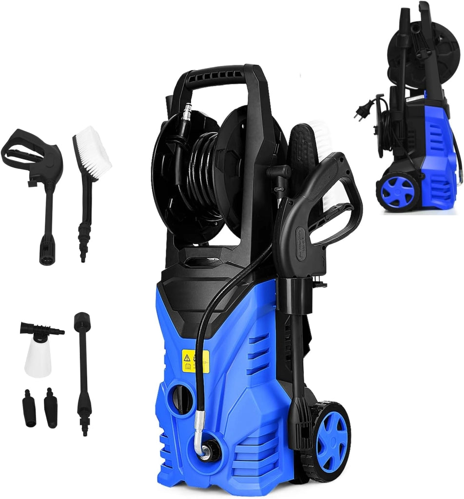 Pulitore ad alta pressione 1500 W, pulitore elettrico 140 bar, 5 l/min, con ugelli, raccordo ingresso acqua, vasetto da bucato, spazzola cavo elettrico 5 m, per auto, terrazza, parete (blu+nero)