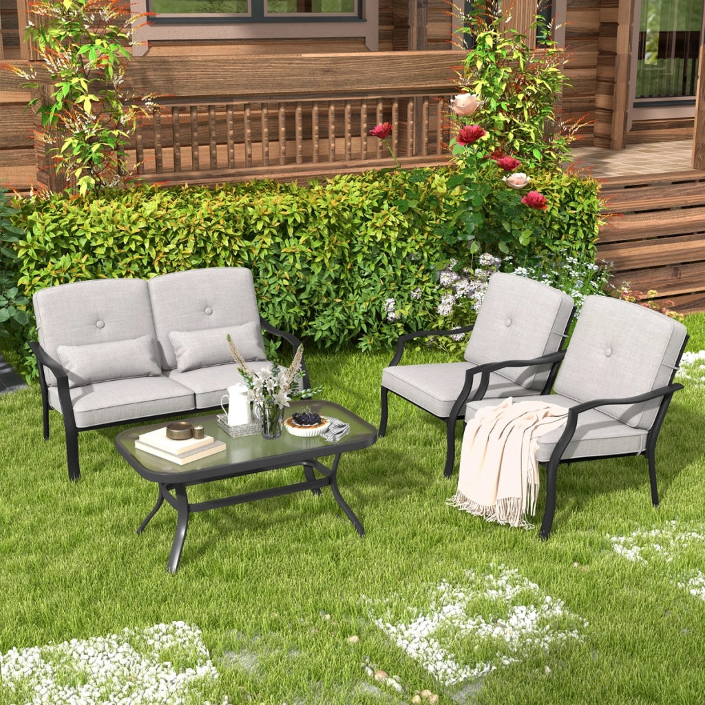 Set di mobili da giardino 4 pezzi con tavolino in vetro temperato, Set panchina sedie e tavolino in metallo Grigio-Set mobili da esterno