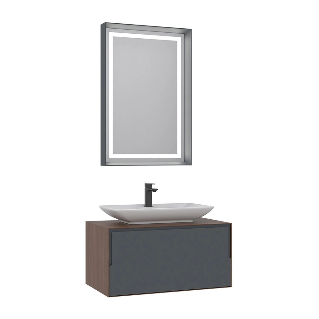 Set mobile lavabo con specchio (2 pezzi) "Craft 80" - 60 x 50 x 40 cm - Noce / Antracite / Bianco