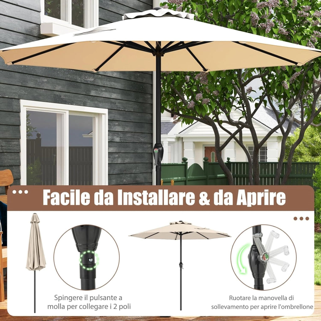 Ombrellone da Giardino 260 cm, Ombrellone con Manovella e 8 Stecche, Tettuccio Ventilato, per Cortile Piscina Giardino (Beige, 260 cm 8 Stecche)