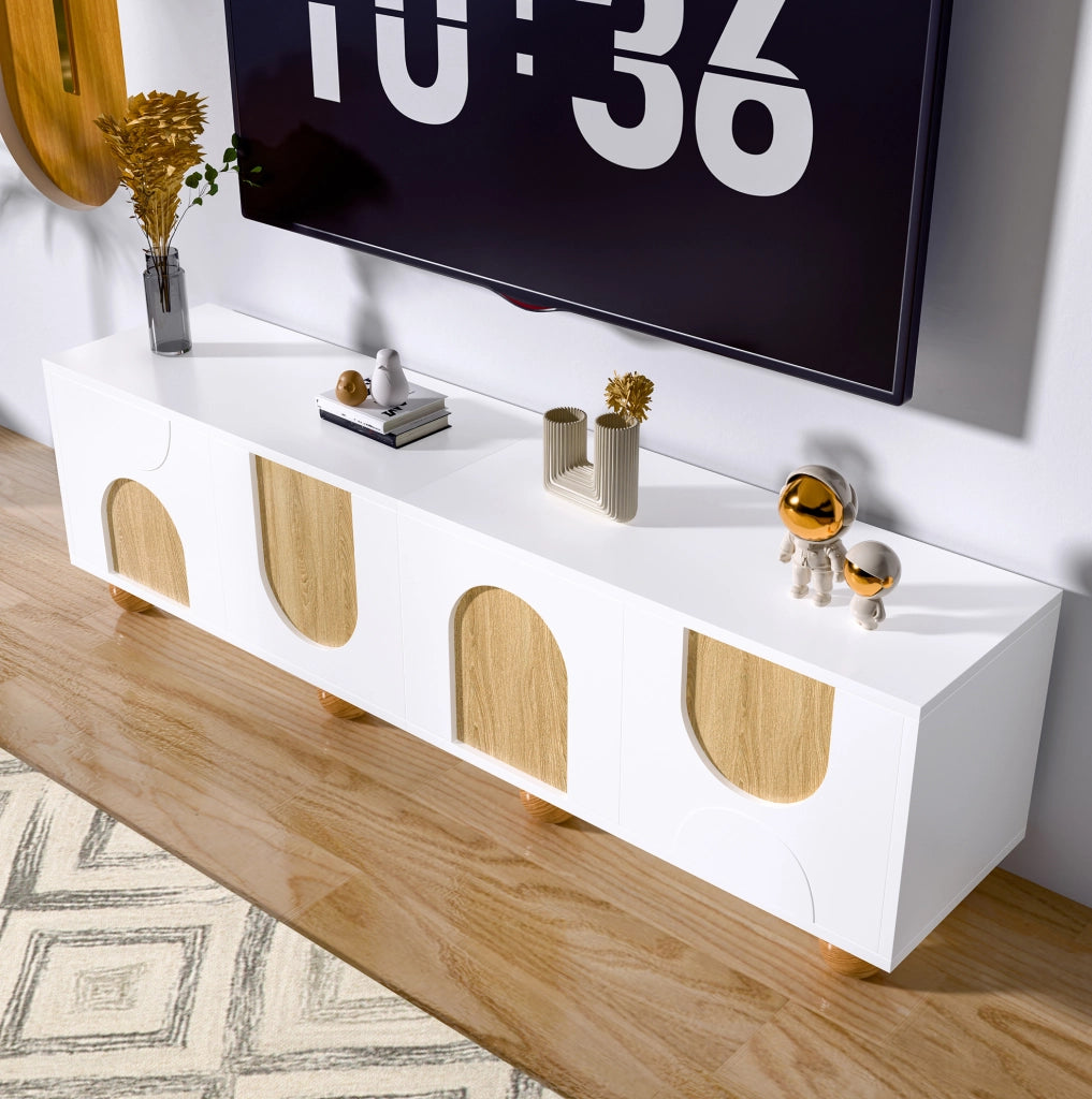 Mobile TV 175x38x50 cm con quattro vani; gambe rotonde in legno; MDF; naturale e bianco