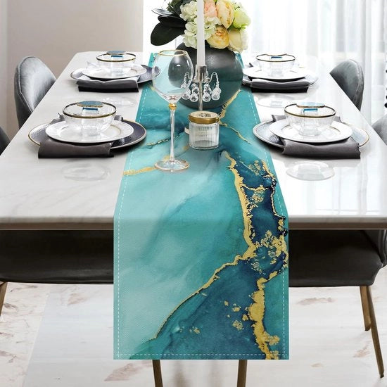 Tavolo da pranzo bluverde oro marmo abstracto moderno decorazione per cucina e sala da pranzo - interna ed esterna - vacanza e festa - lavabile - cultura domestica - tovaglia da tavola - 33 x 183 cm tavolo da pranzo tessuto 60 x 140 cm