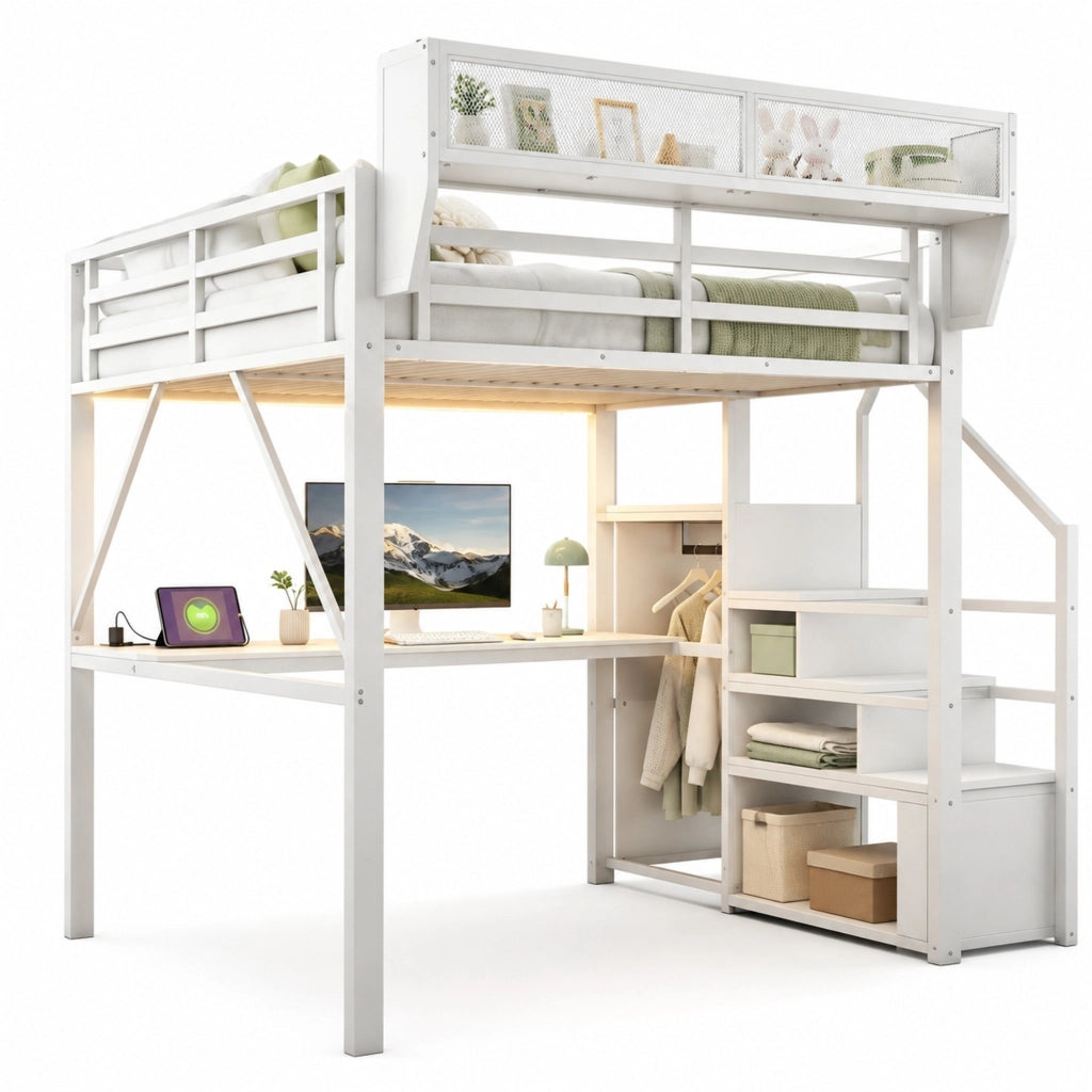 Letto a soppalco 140x200 cm in metallo con scrivania; striscia LED; scala e ripiani; bianco