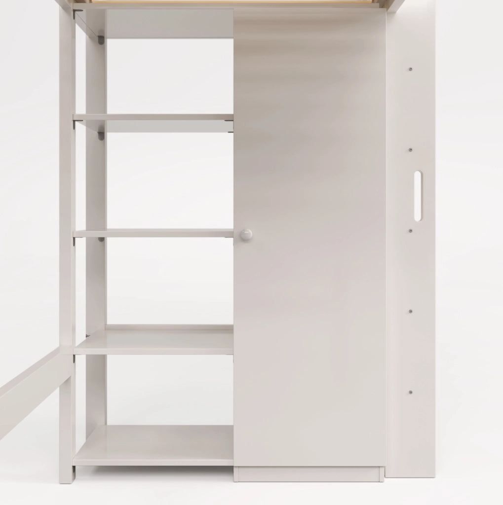 Letto a soppalco 90x200 cm bianco con armadio e 6 ripiani