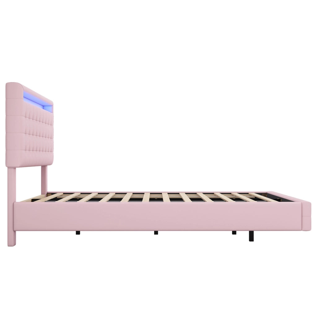 Letto flottante 140x200 cm con luce LED e testiera regolabile, rosa
