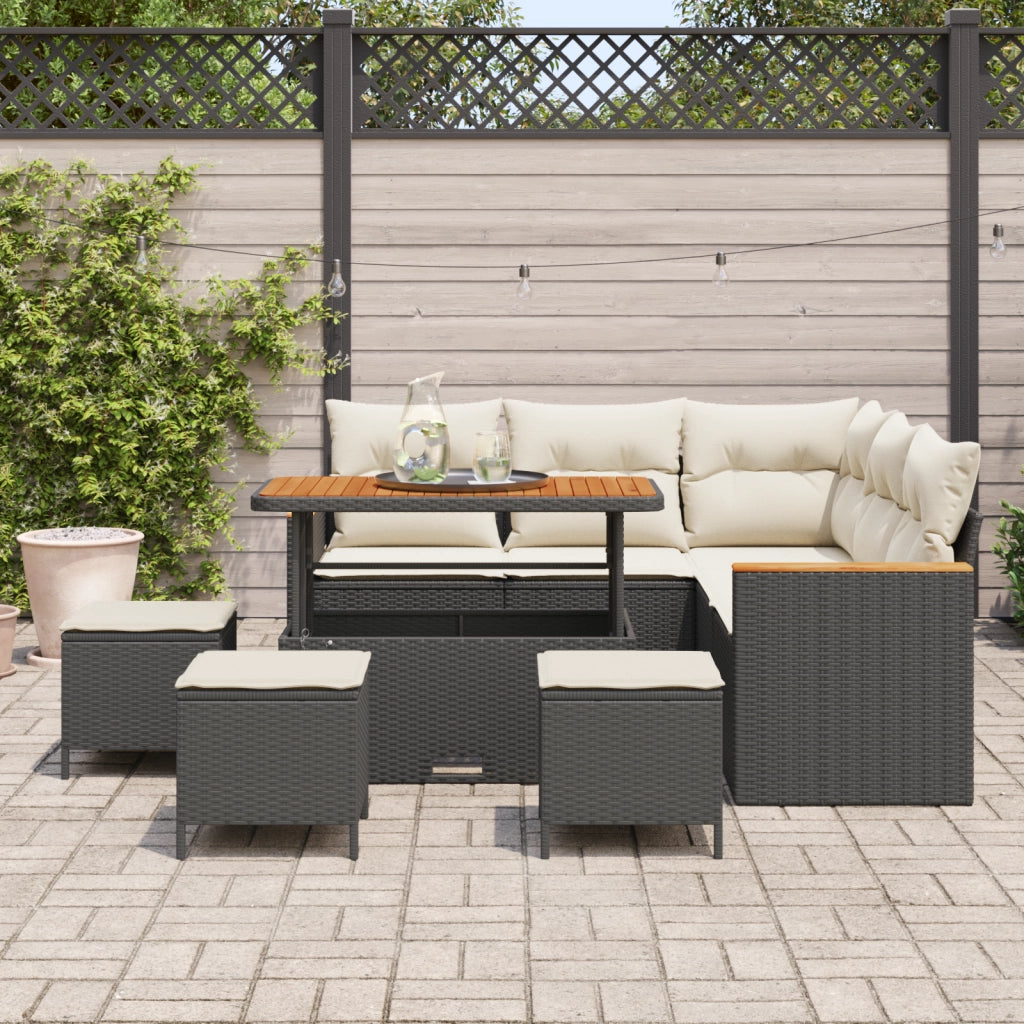 Set Divano da Giardino 9 Pezzi con Cuscini Nero Polyrattan Acacia