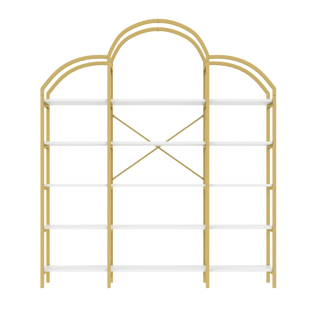 Libreria 170x26x190 cm a 5 ripiani con decorazione a nuvola in metallo e MDF bianco e oro