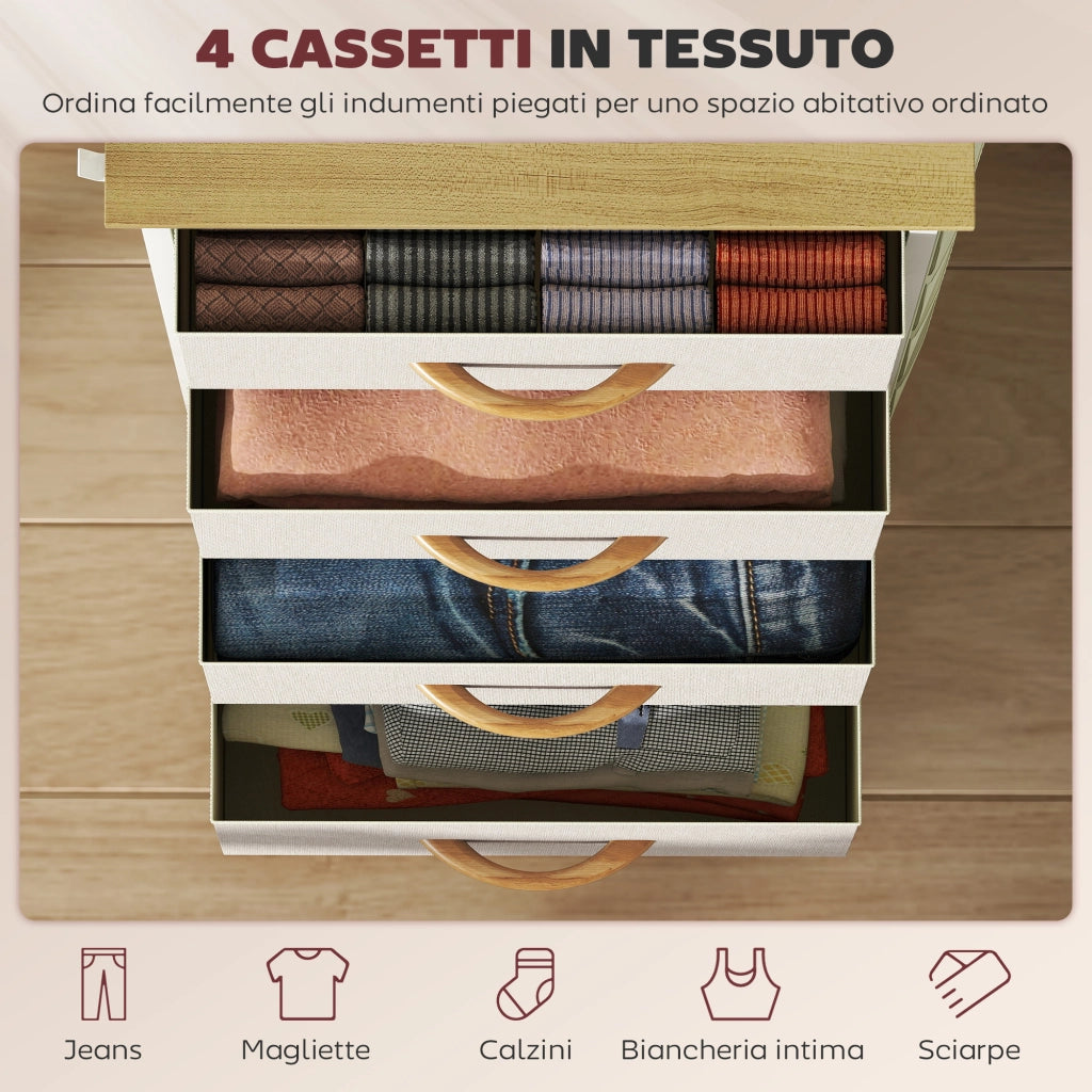 Cassettiera 4 Cassetti Pieghevoli 45x30x94,5 cm Struttura in Acciaio e Tessuto Beige