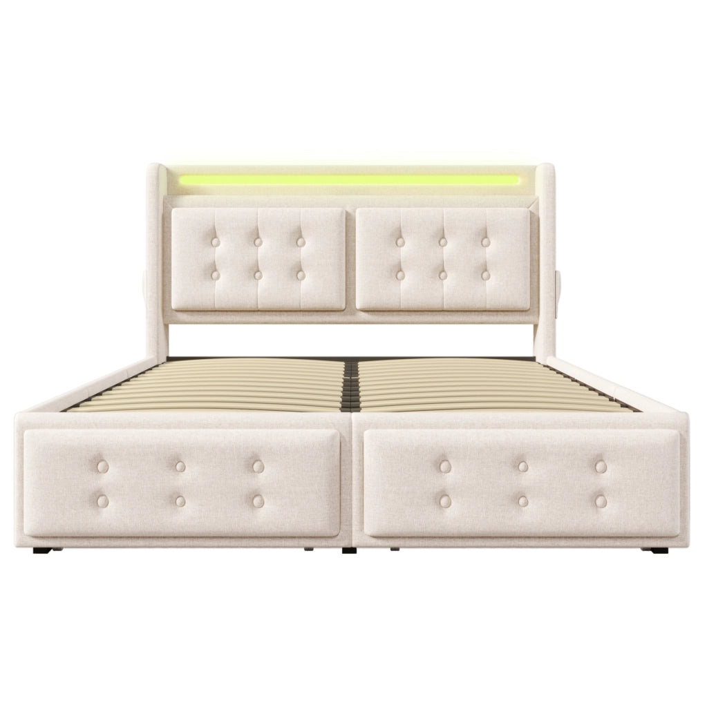 Letto imbottito 180x200 cm in cotone e lino; con LED; USB e 4 cassetti; beige