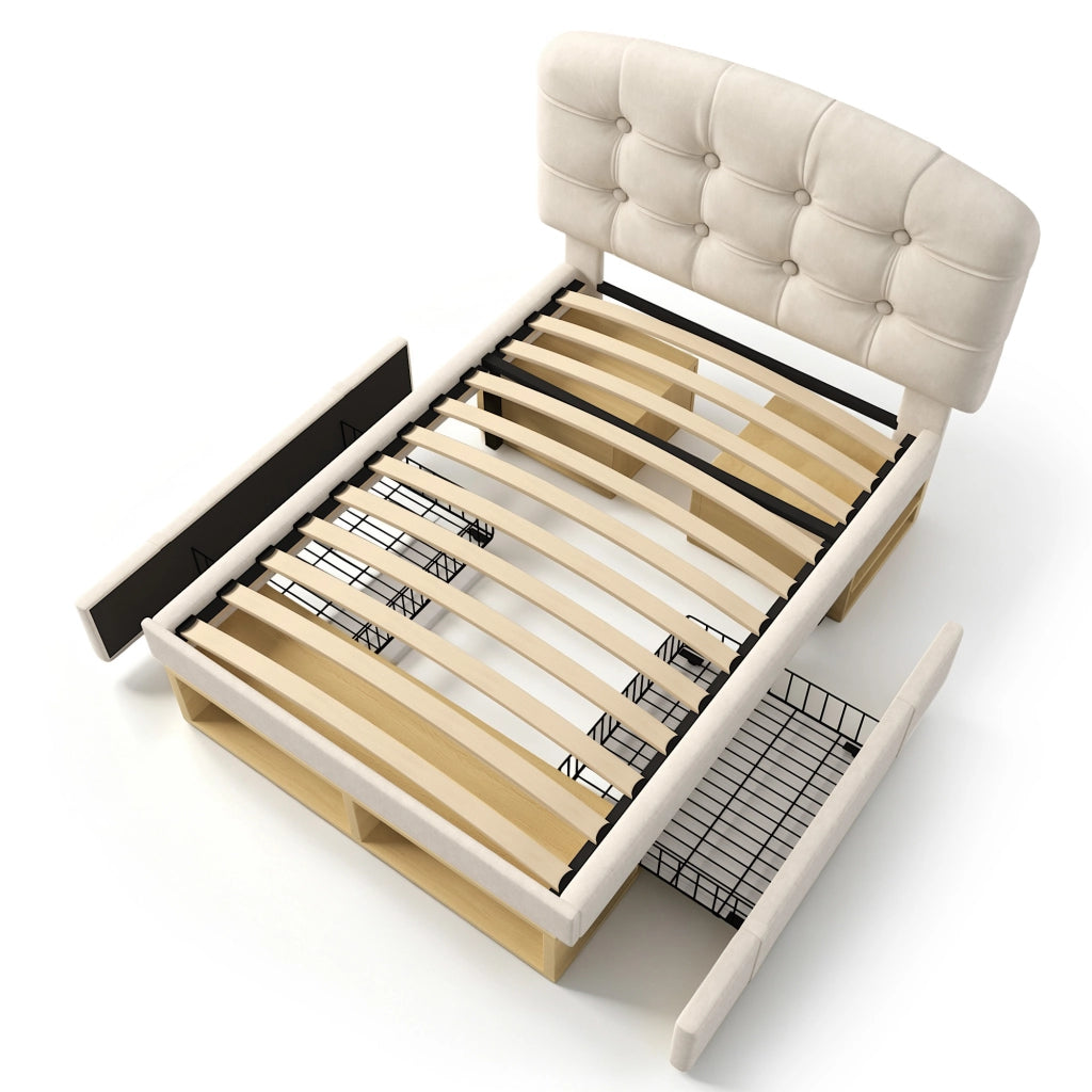 Letto Singolo 90x200 Imbottito in Velluto Beige con Cassetti e Contenitore; Testiera Regolabile