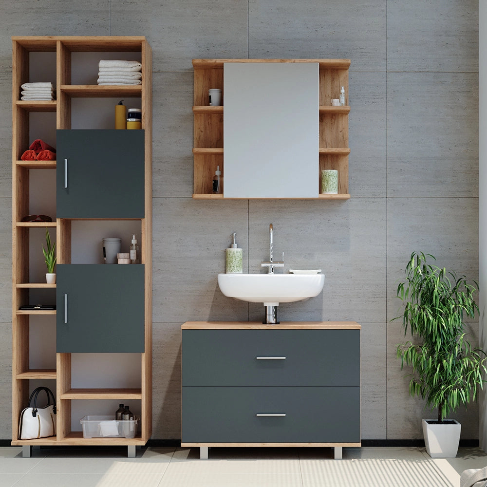 Vicco Set mobili bagno Antracite/quercia dorata 3 parti, con colonna