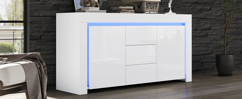 Credenza Moderna Bianca Mobile Soggiorno 140 cm con LED 2 Ante 3 Cassetti