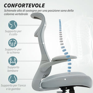 Sedia da Ufficio Ergonomica con Braccioli Regolabili Schienale a Rete e Poggiatesta Grigio