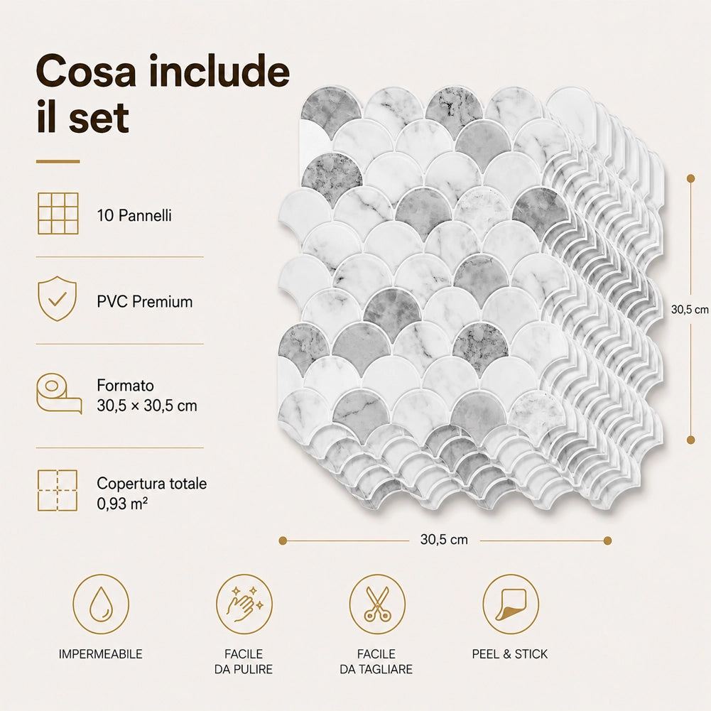 Set 10 Pannelli Adesivi Piastrelle per Muro Parete 30.5cm Decoro Squame di Pesce