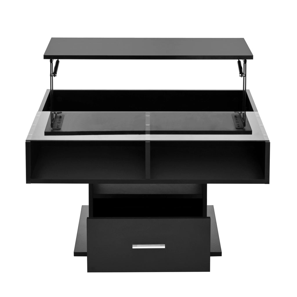 Tavolino da caff猫 elevabile con LED; vano contenitore e cassetto 78x78 cm nero