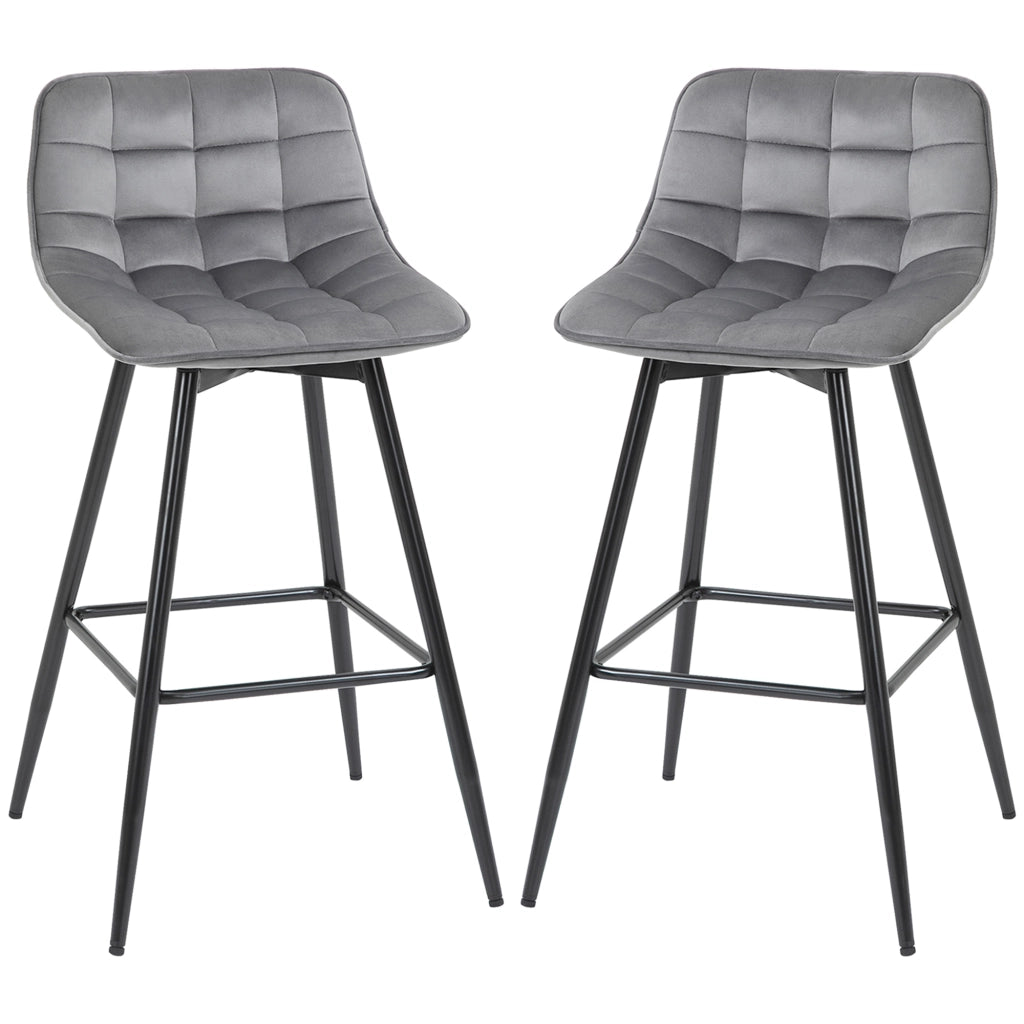Set 2 Sgabelli Alti in Stile Nordico con Schienale e Poggiapiedi, Sgabelli con Schienale in Tessuto Effetto Velluto e Metallo, 45x47x88 cm, Grigio