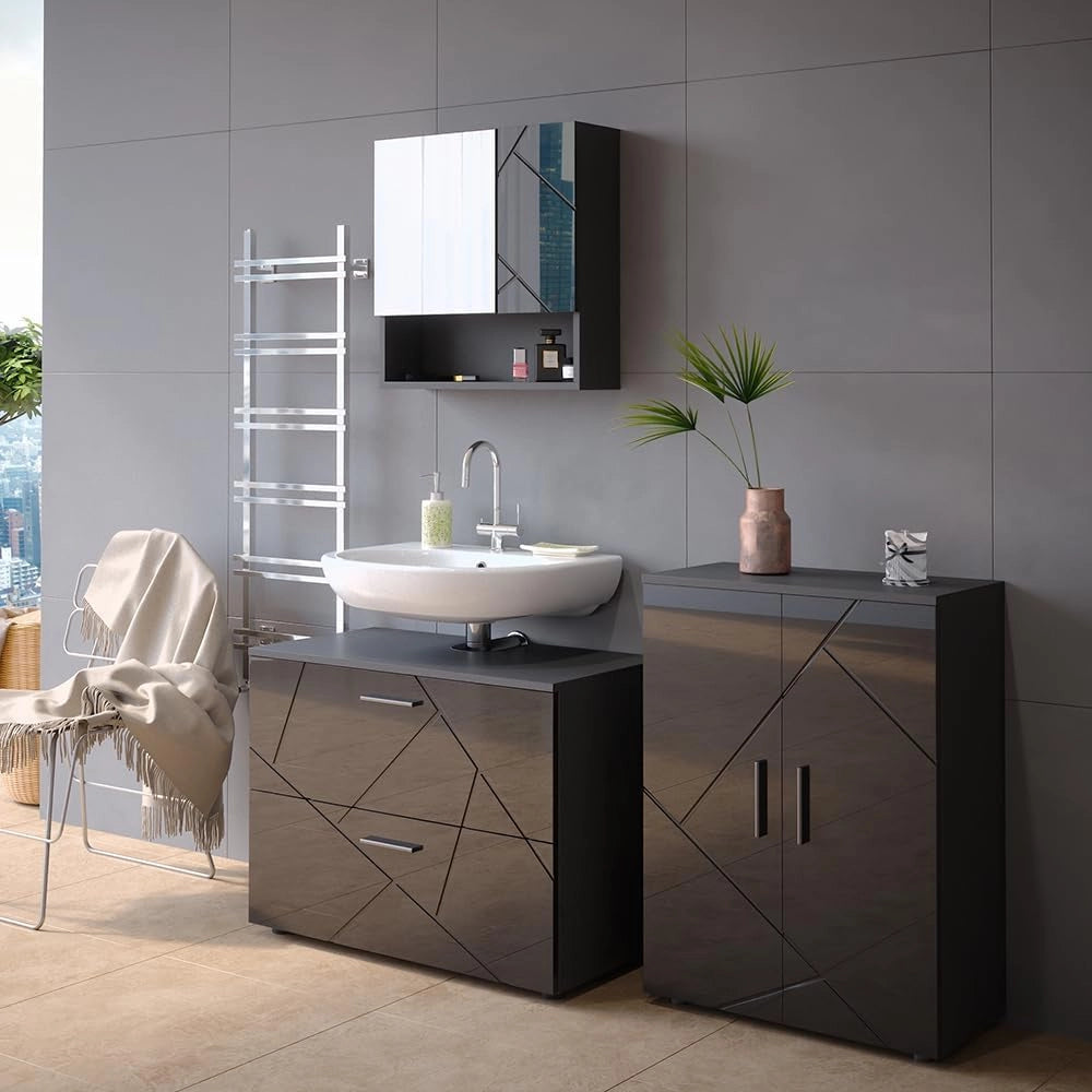 Set mobili bagno Irma, Antracite lucido, 80 cm, composto da mobile sottolavabo, specchiera e mobile medio