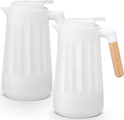 Due pezzi Termos 1L - Doppio strato a vuoto - Rivestimento in vetro - Maniglia in legno - Conserva caldo o freddo - Per caffè - The maker - pentola da campeggio - the pot - water kettle - latte - bianco