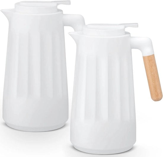 Due pezzi Termos 1L - Doppio strato a vuoto - Rivestimento in vetro - Maniglia in legno - Conserva caldo o freddo - Per caffè - The maker - pentola da campeggio - the pot - water kettle - latte - bianco