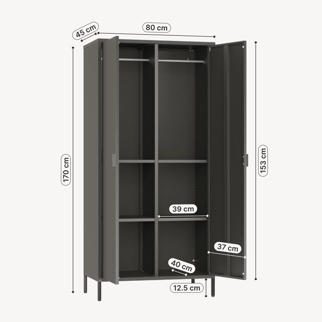 Armadio Guradaroba Esteli in Acciaio a 2 Ante con 2 Barre Appendiabiti e 4 Ripiani 170 x 80 x 45 cm - Nero [en.casa]
