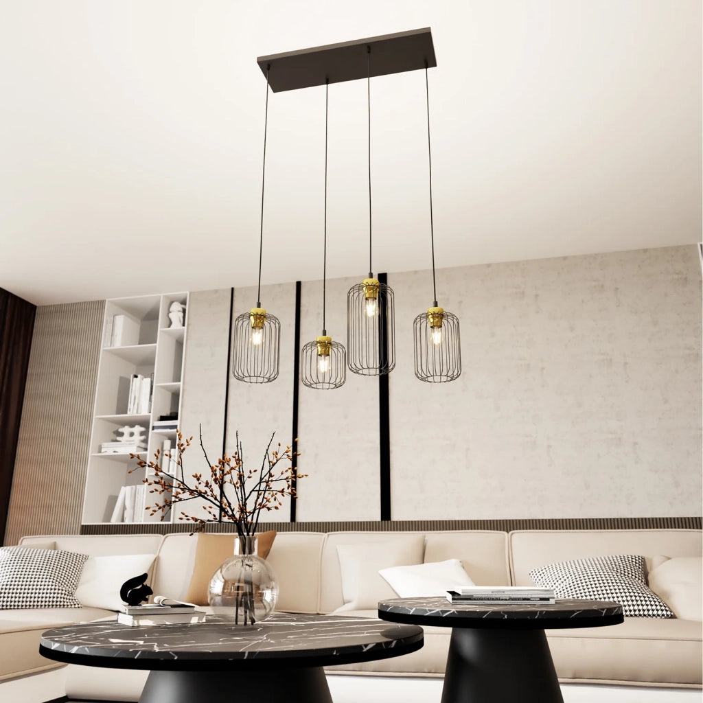 Sospensione Minimal Industrial Minerva 4 Luci Lineari Nera E Oro