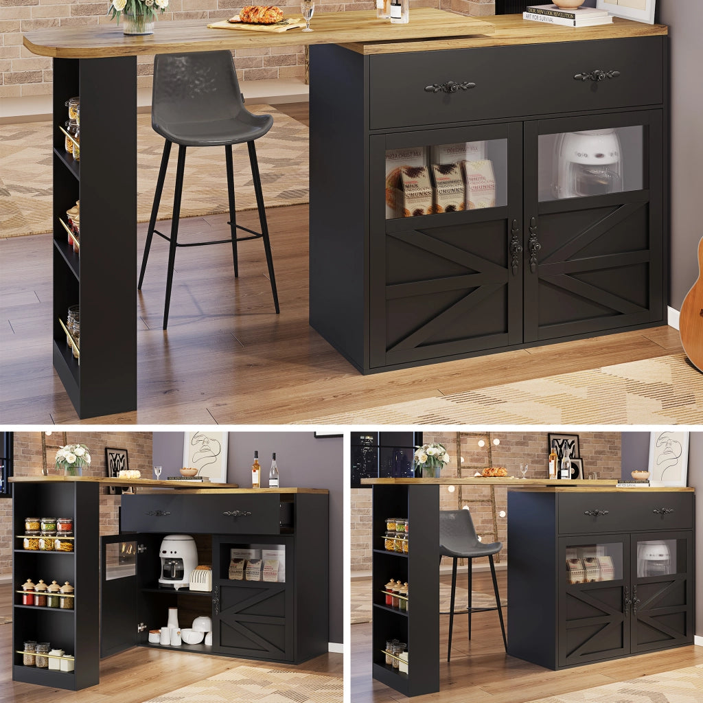 Tavolo da Pranzo Allungabile con 1 Cassetto; 3 Ripiani e Rotazione a 360 Gradi; in MDF; Nero; 138-204x39x104 cm