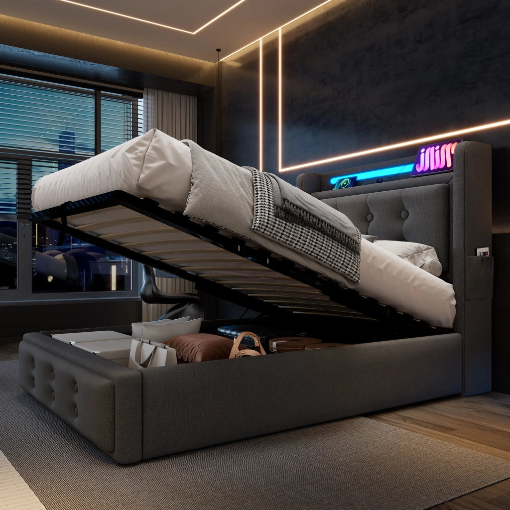 LETTO 90x200 cm con testiera LED e USB, cotone-lino grigio, materasso incluso