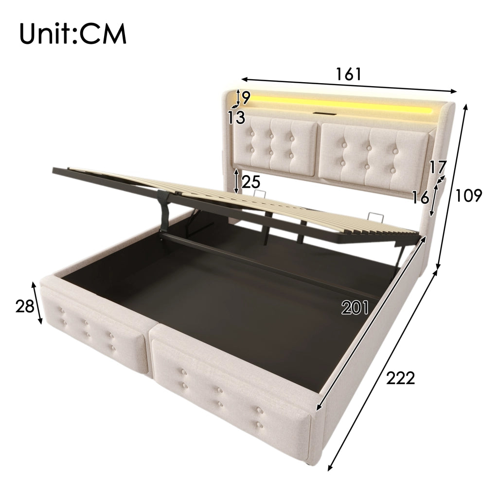 Letti contenitori 160x200 cm con LED e prese; cotone lino; beige (Senza materasso)