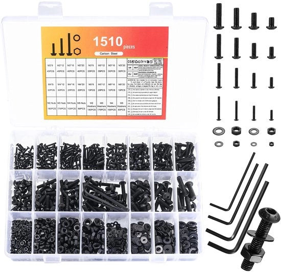 Set di viti e dadi M2 M3 M4 M5, 1510 pezzi, viti a testa rotonda con dente interno, set di viti e dadi con anelli di chiusura, set di viti e dadi in acciaio nero, set di viti a stella con viti e dadi.