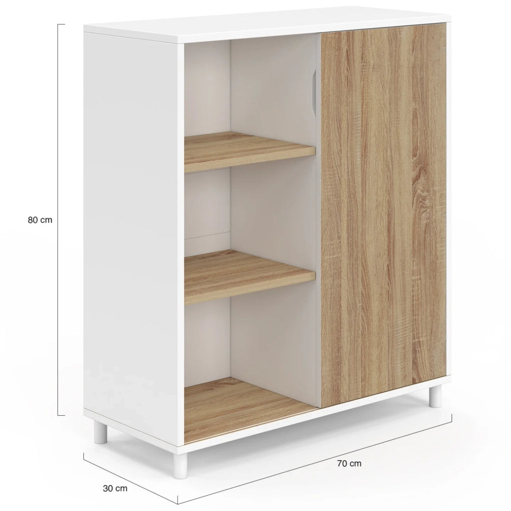IDMarket - Credenza EASY 70 cm - facile da montare senza attrezzi - 3 ripiani e 1 anta scorrevole reversibile in bianco e legno
