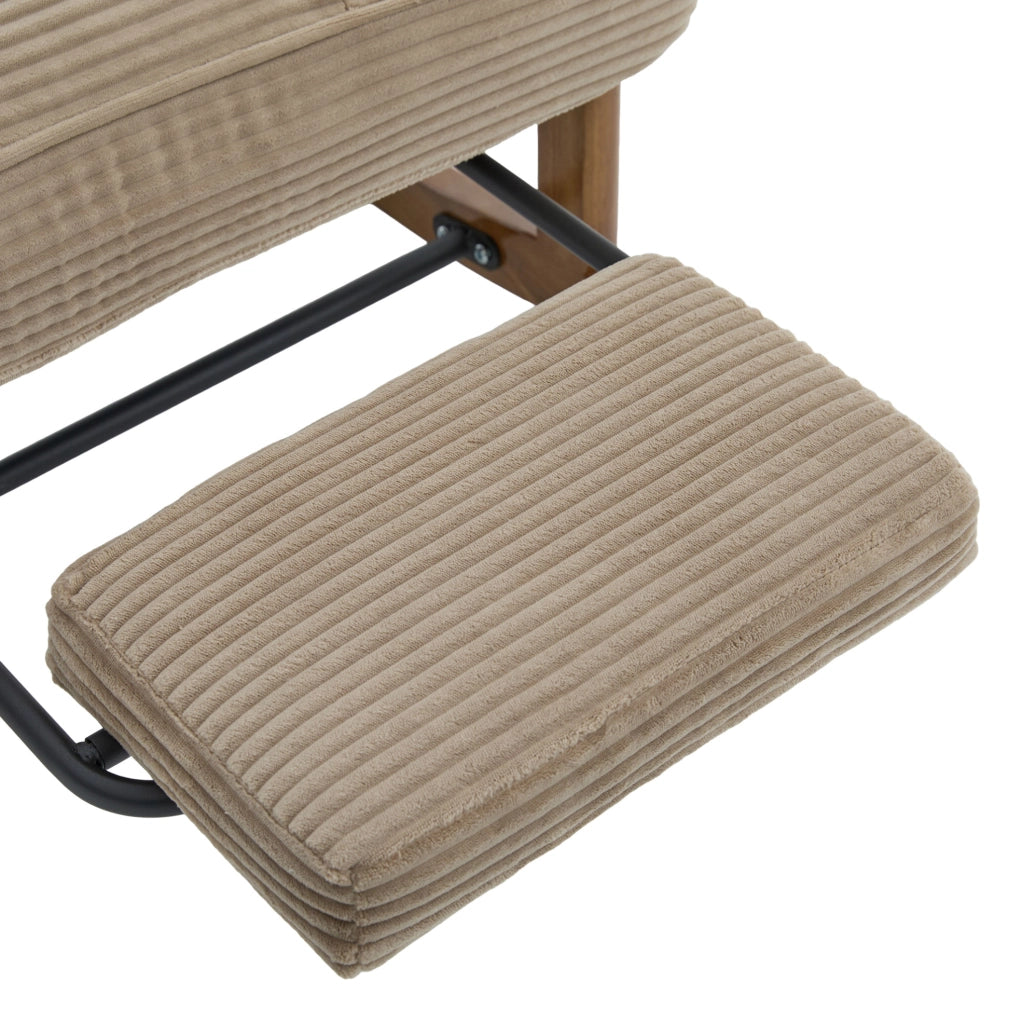 Poltrona a dondolo con poggiapiedi; schienale reclinabile a 3 posizioni; 70x80x92 cm; in corduroy kaki