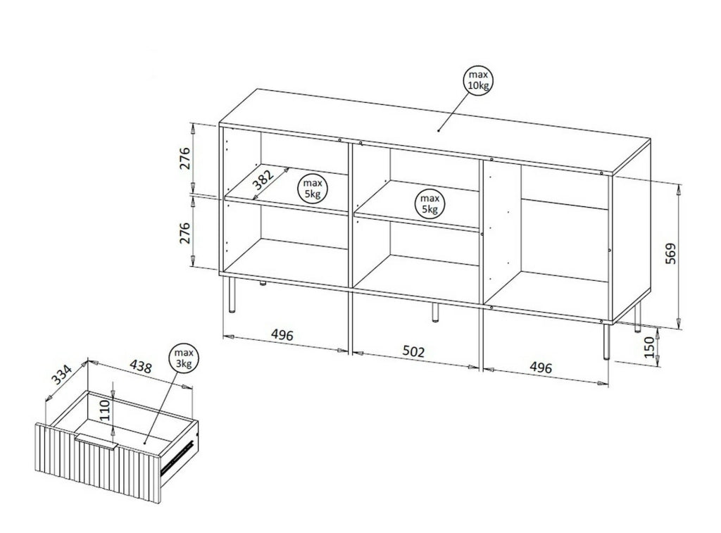 Credenza Monzuno, Madia da salotto con due ante battenti e tre cassetti, Rialzato da terra, 156x42 h75 cm, Noce e Beige