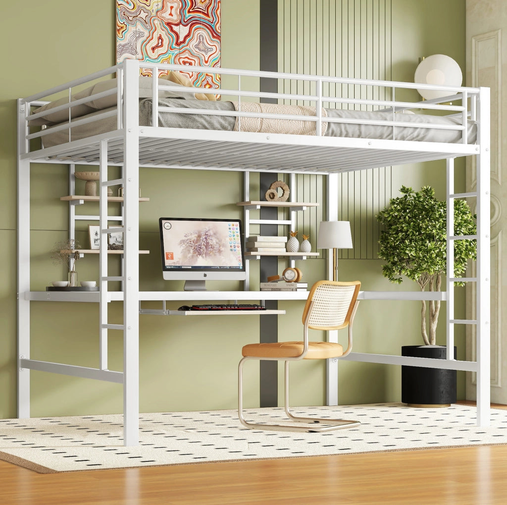 Letto a soppalco in metallo con scrivania e librerie, bianco, 140x200 cm
