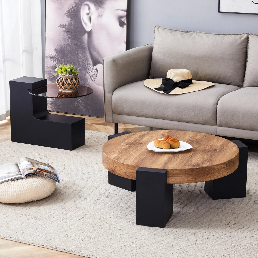 Set 2 tavolini rotondi in MDF e vetro, nero effetto legno