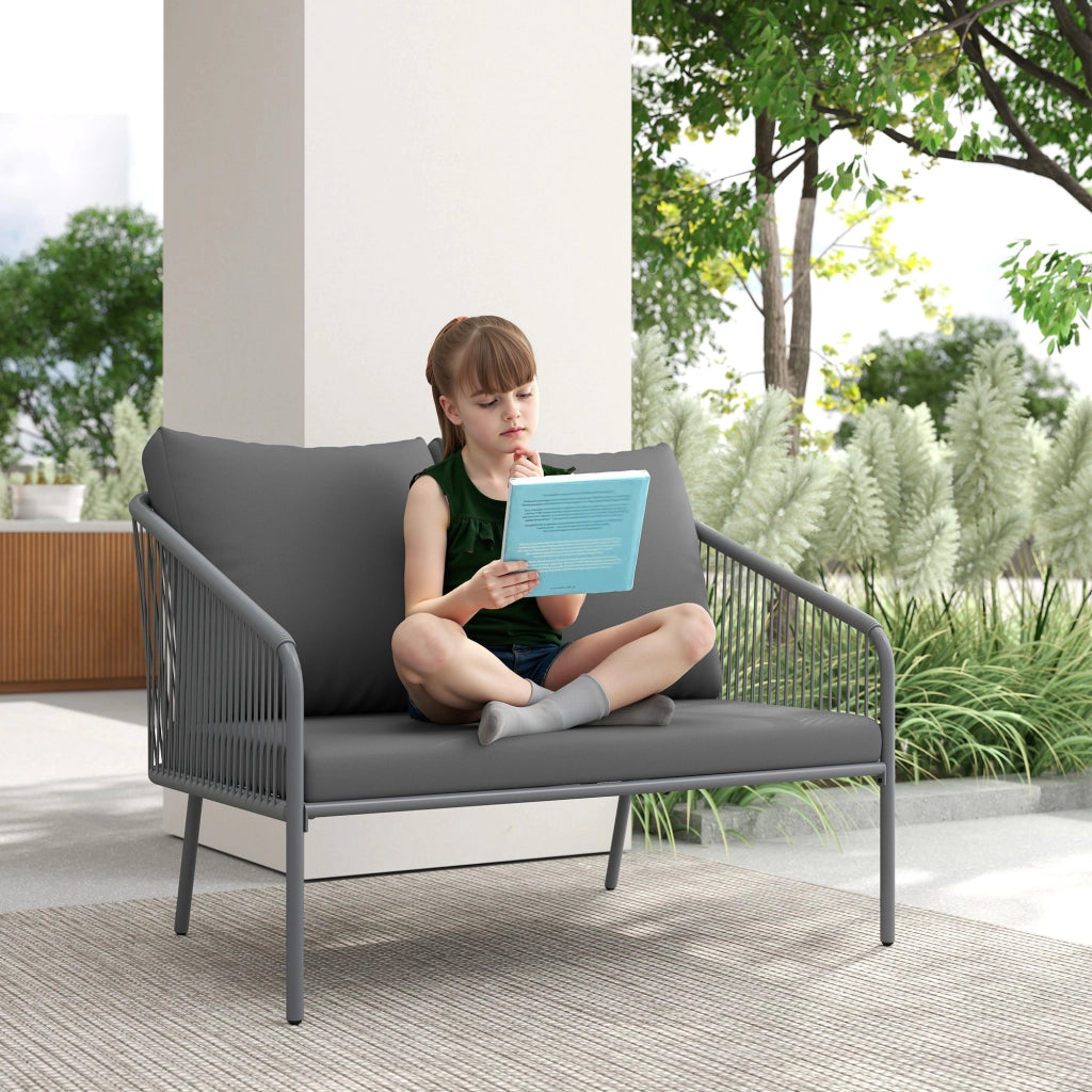Divano da Giardino 2 Posti Stile Boho 112x72x76 cm con Cuscini Sfoderabili e Braccioli in Rattan PE e Acciaio Grigio