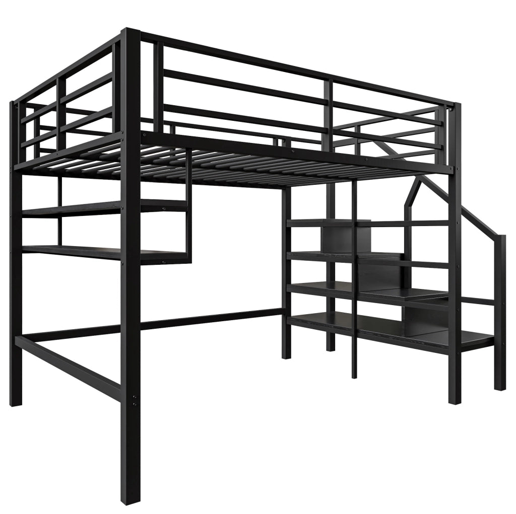 Letto a soppalco 140x200 cm con ripiani, scala contenitore e ringhiera di sicurezza