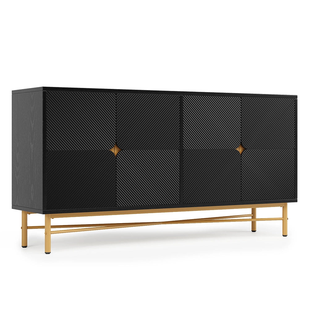 Credenza 160cm Texturizzata - Xylo - 4 Ante con Maniglie Oro, Colore Nero