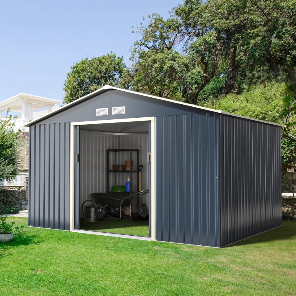 Capanno degli attrezzi di metallo con 4 sfiati e ante singole scorrevoli, Casetta da giardino 340x255x210cm-Casette da giardino