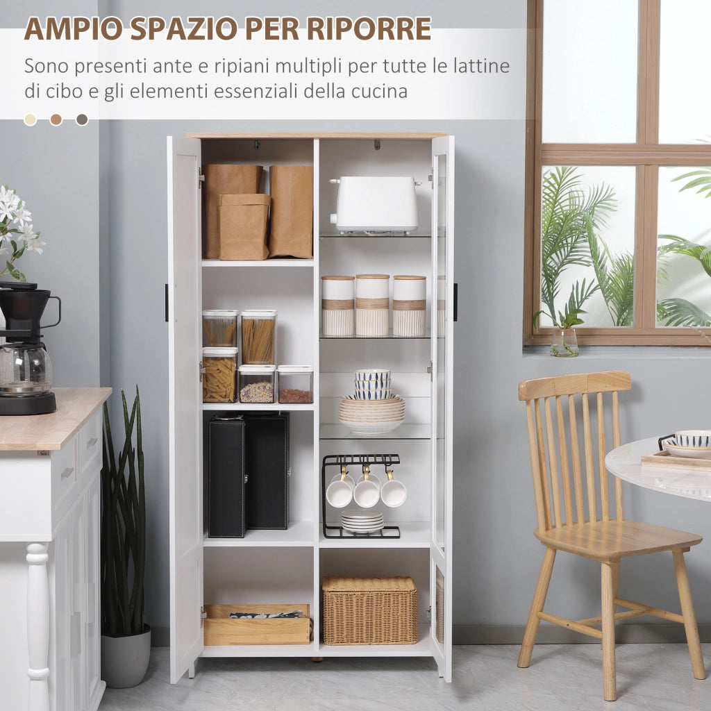 Credenza Moderna a 2 Ante con Mensole Regolabili in Legno e Vetro, 76x36x160cm, Bianco